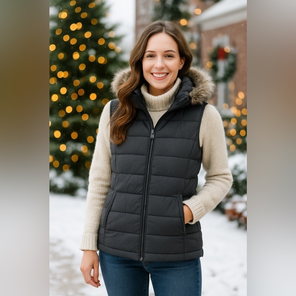 Columbia Omniheat Winter Skiing Puffer Vest Faux Fur Trim Charcoal Gray Small
